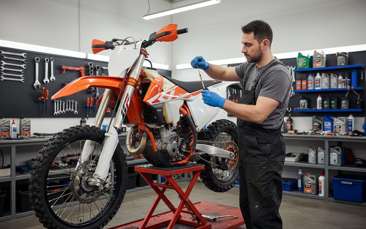 Mecanic verific&acirc;nd nivelul uleiului la o motocicletă enduro &icirc;n atelier