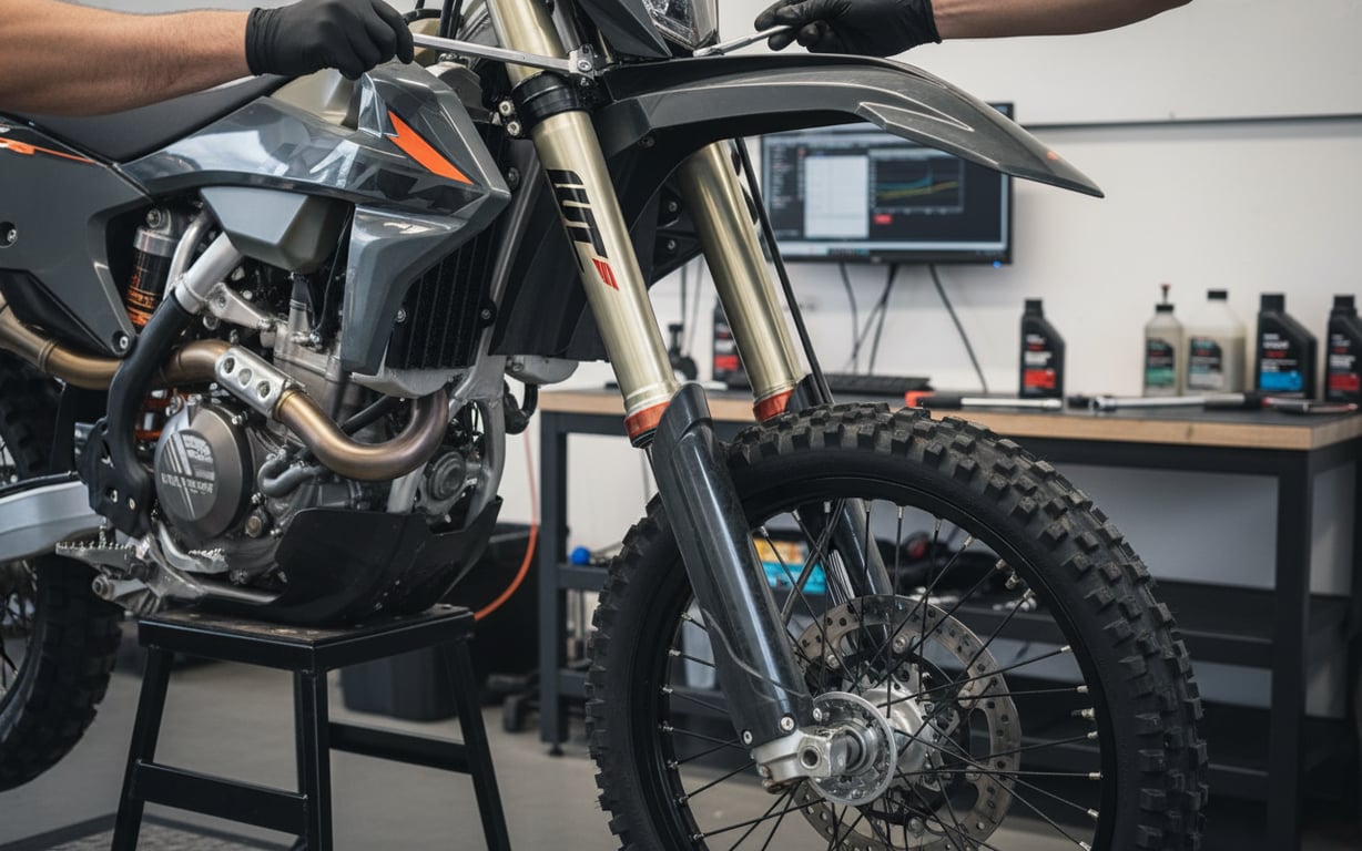 Suspensie față motocicletă enduro &icirc;n timpul verificării și reglajului profesional