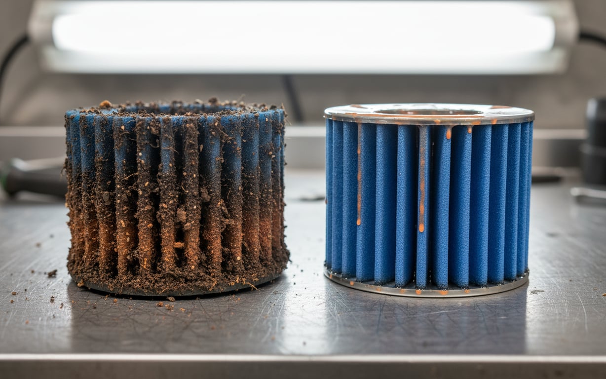 Filtru de aer murdar și unul curat pentru motocicletă enduro, comparație vizuală