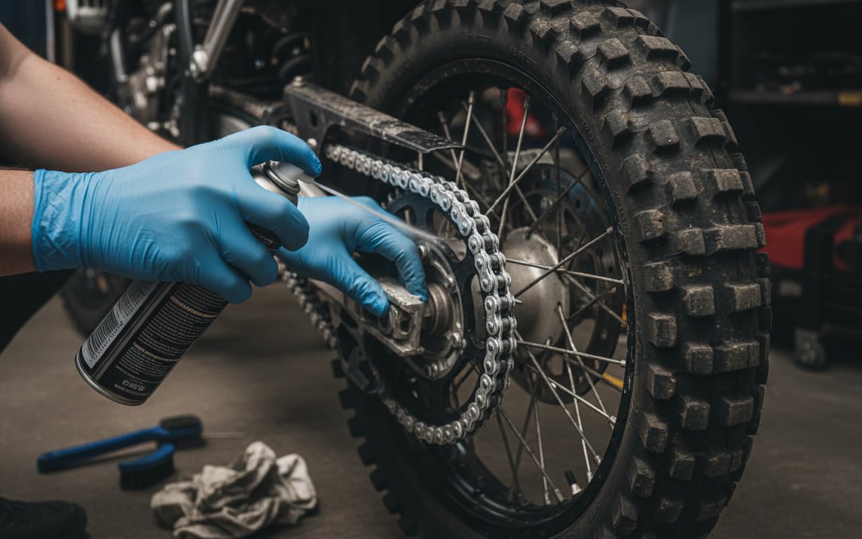 Proces detaliat de ungere a lanțului unei motociclete enduro cu spray lubrifiant